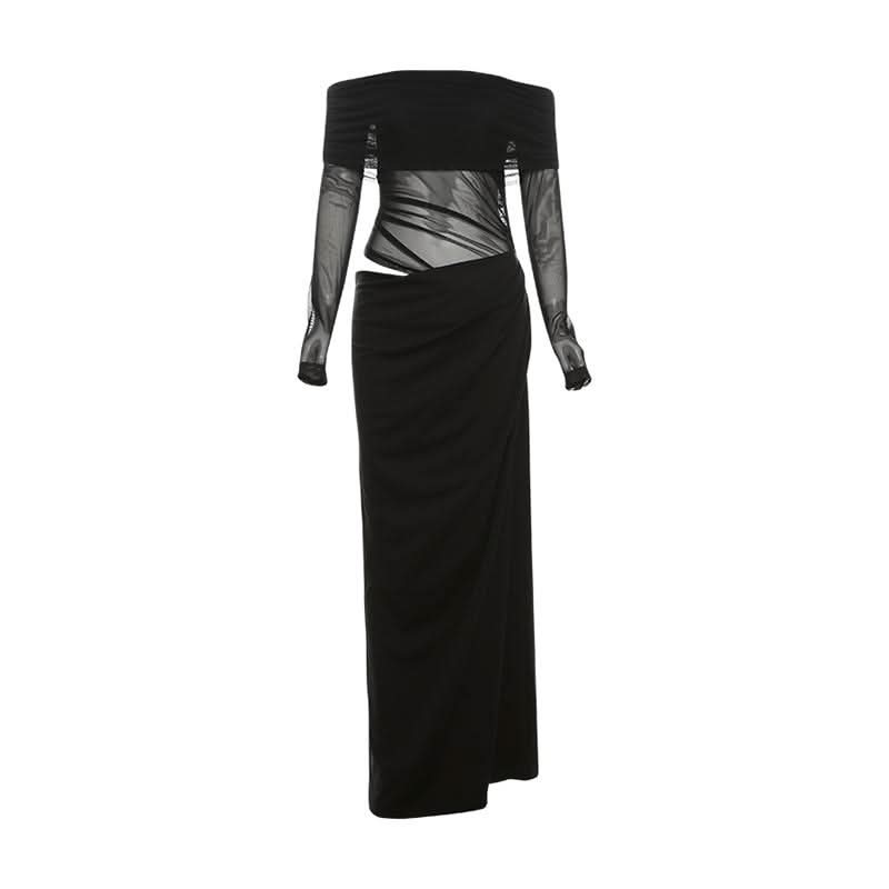 Off shoulder hollow out mesh cut out maxi dress
