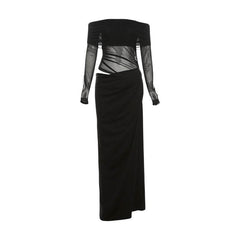 Off shoulder hollow out mesh cut out maxi dress