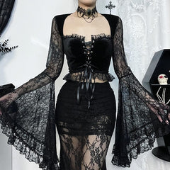 Long flared sleeve velvet lace patchwork ruffle lace up crop top
