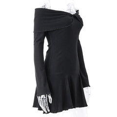 Long sleeve ruffle off shoulder solid ruched mini dress-final-sale
