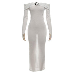 Off shoulder long sleeve metal applique midi dress