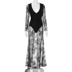 Long sleeve v neck lace maxi dress