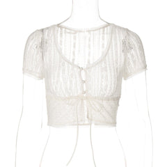 Short sleeve button lace see through crop top
