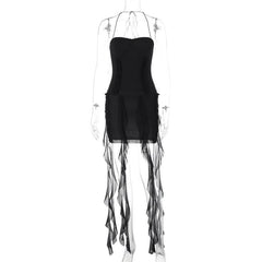 Halter ruffle sweetheart neck solid backless mini dress