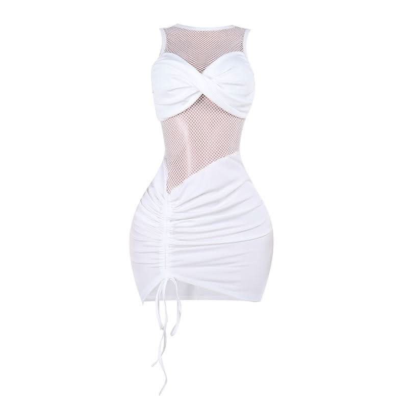 Ruched drawstring crewneck fishnet mini dress