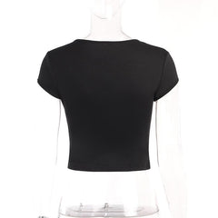 Embroidery contrast cap sleeve crewneck crop top