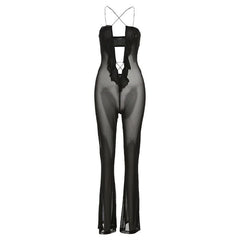Sheer mesh solid ruffle see through cross front jumpsuit-final-sale