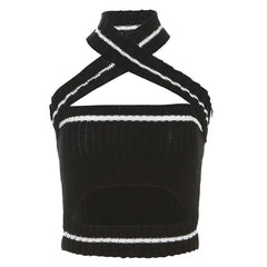 Knitted cross front halter contrast backless hollow out crop cut out top