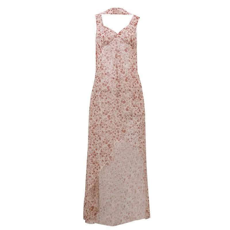 Contrast flower print slit irregular backless midi dress-final-sale