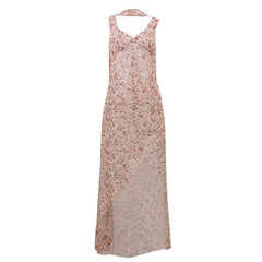 Contrast flower print slit irregular backless midi dress-final-sale