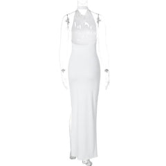 Slit halter sleeveless solid backless ruched maxi dress-final-sale