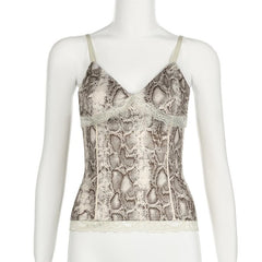 Snake print v neck lace hem cami top