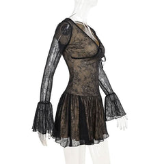 V neck long sleeve lace bowknot mini dress
