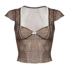 Leopard print short sleeve bowknot mesh top