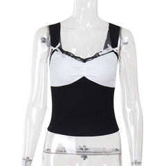 Bowknot v neck lace hem ribbed tank top