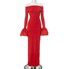 Long flared sleeve off shoulder ruched slit maxi dress-final-sale