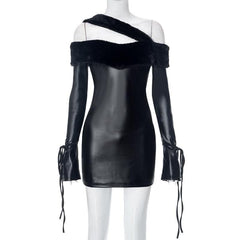 Long sleeve off shoulder PU leather furry solid mini dress-final-sale