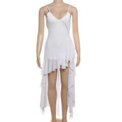V neck sheer mesh ruffle cami midi dress