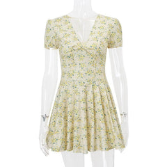 Short puff sleeve print pleated v neck mini dress