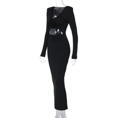 Long sleeve padded ruched flower applique hollow out cut out midi dress-final-sale