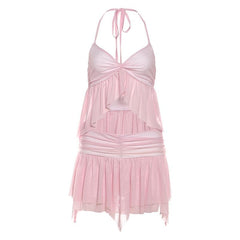 Halter ruffle mesh v neck ruched mini skirt set