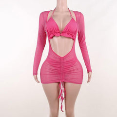 Mesh drawstring ruched long sleeve halter ruffle mini dress-final-sale