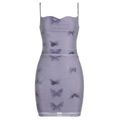 Butterfly print cowl neck ruched mesh cami mini dress