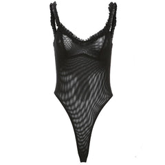 Sheer mesh ruffle see through v neck solid sleeveless bodysuit