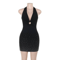 Halter self tie beaded ruched v neck mini dress