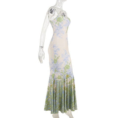 U neck flower print contrast cami maxi dress