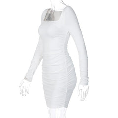 Long sleeve solid square neck ruched mini dress-final-sale