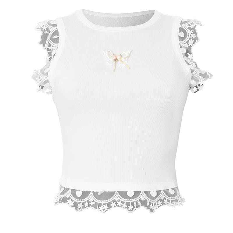 Lace hem ribbed butterfly applique top