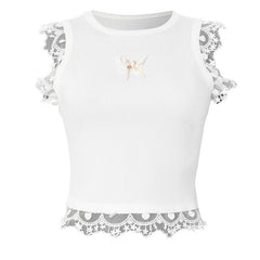 Lace hem ribbed butterfly applique top