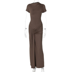 Short sleeve ruched lace up maxi dress