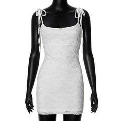 U neck lace self tie flower applique cami mini dress