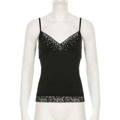 Beaded v neck lace hem backless cami top