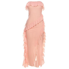 Ruffle solid slit irregular backless tube midi dress-final-sale