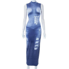 Denim print sleeveless contrast high neck maxi dress-final-sale