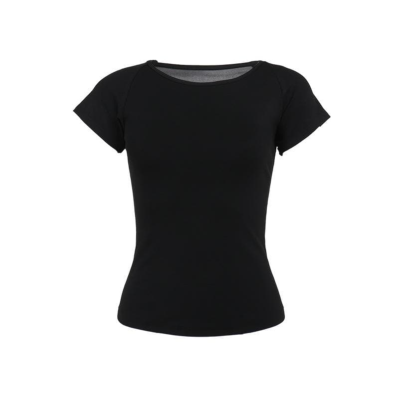 Short sleeve round neck print mesh top