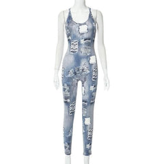 Denim print cross back u neck sleeveless jumpsuit-final-sale