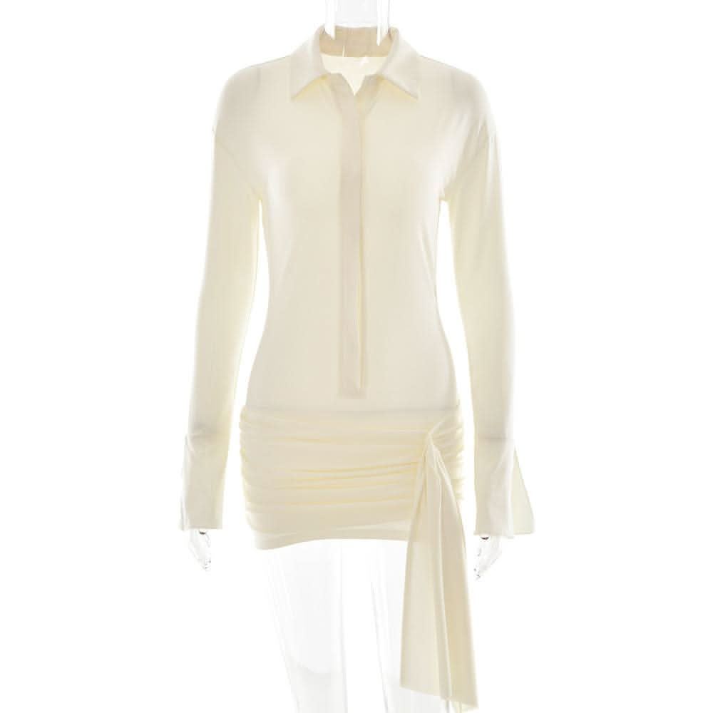 Turnover collar long sleeve button ruched mini dress-final-sale