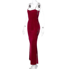 Velvet solid o ring hollow out slit backless cut out maxi dress-final-sale