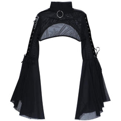 Flared sleeve o ring sheer mesh lace up shrug high neck top