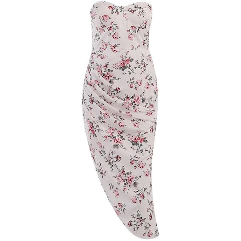 Contrast flower pattern print slit backless tube dress-final-sale