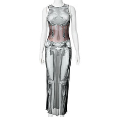 Sleeveless crewneck body print sheer mesh maxi dress