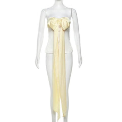 Bowknot sweetheart neck ruched ribbon zip-up satin tube top-final-sale