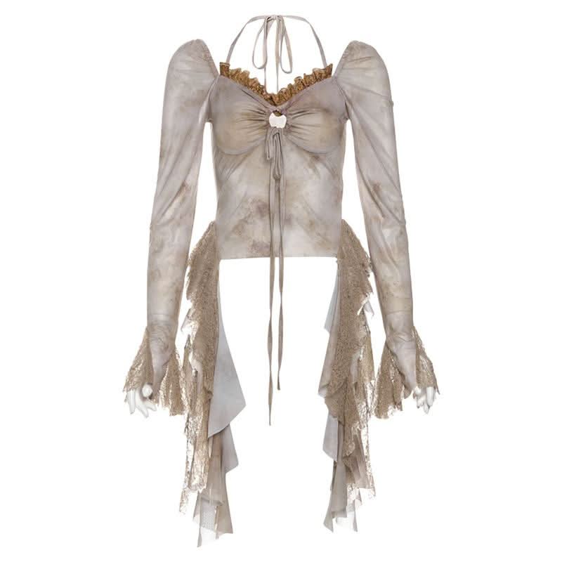 Long sleeve v neck hollow out lace hem halter cut out top