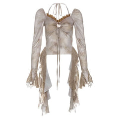 Long sleeve v neck hollow out lace hem halter cut out top
