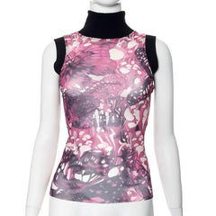 Sleeveless high neck butterfly print mesh top-final-sale