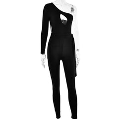 One shoulder hollow out irregular solid zip-up jumpsuit-final-sale